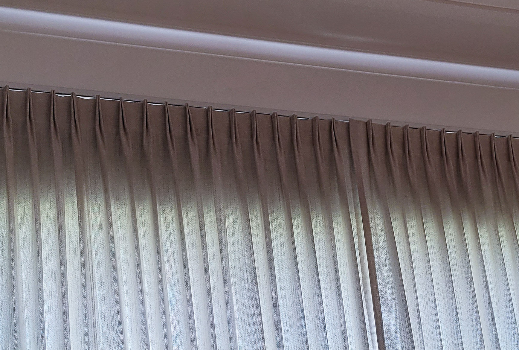 Lined Sheer Drapery On Standard Motorized Track Close Up The Shady Lady Houston Tx